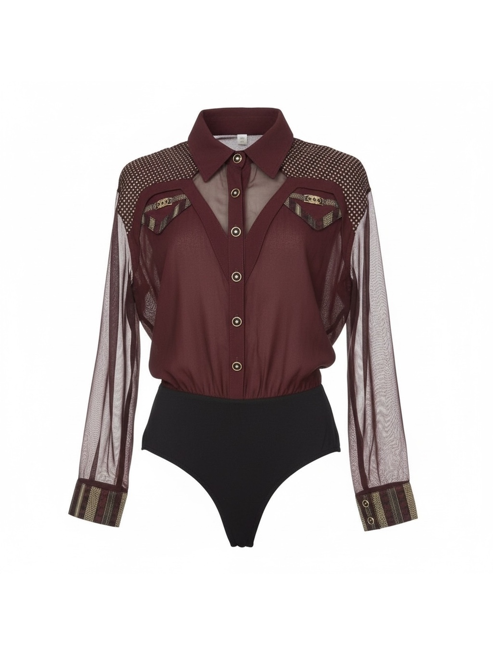 Cache Vintage Burgundy Sheer Western Bodysuit